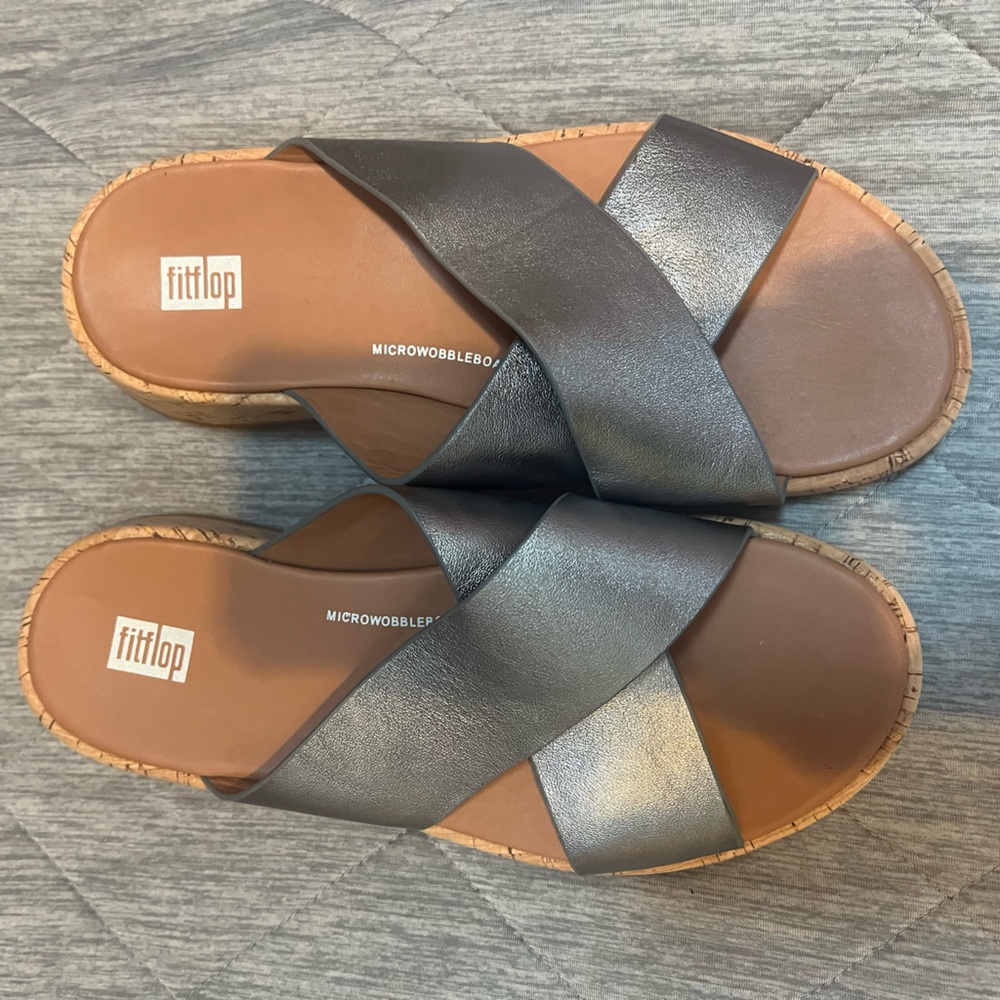 FitFlop Women's Silver and Brown Slide Sandals